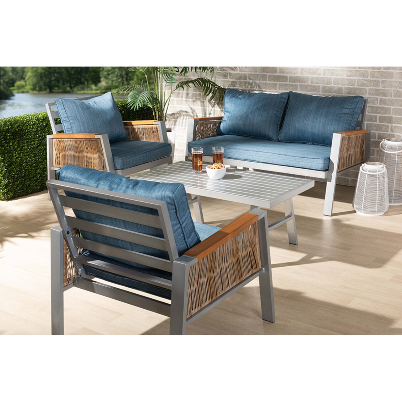 Wholesale Interiors Contemporary Blue Fabric Upholstered and Grey Finished Metal with Brown Finished PE Rattan 4-Piece Outdoor Patio Lounge Set